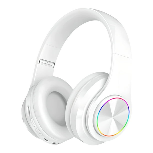 Auriculares supraaurales plegables con LED blanco con Bluetooth 5.0, subwoofer, micrófono integrado, llamada inalámbrica, cancelación de ruido estéreo, almohadillas suaves para las orejas