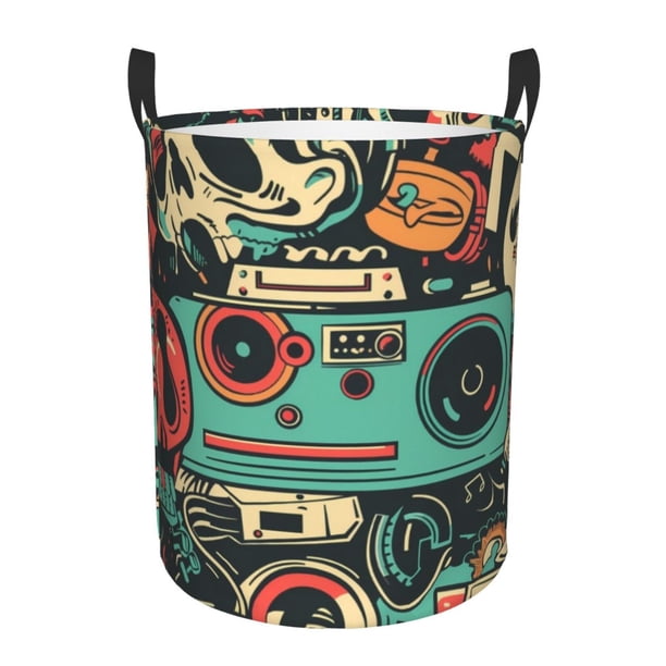 Balery Retro Pop Art Collage Cesta de ropa redonda con asas, impermeable, independiente, para ropa, juguetes, dormitorio y familia-Small