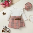 thumbnail image 2 of Happy Town Toddler Girl Fall Outfits Ruffle Top & Plaid Skirt with Hat 3-Piece Set,Size 12M-5T, 2 of 9