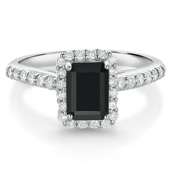 Gem Stone King 10K White Gold Black Onyx and White Lab Grown Diamond Halo Engagement Wedding Ring for Women (1.31 Cttw, Emerald Cut 7X5MM, Size 6)