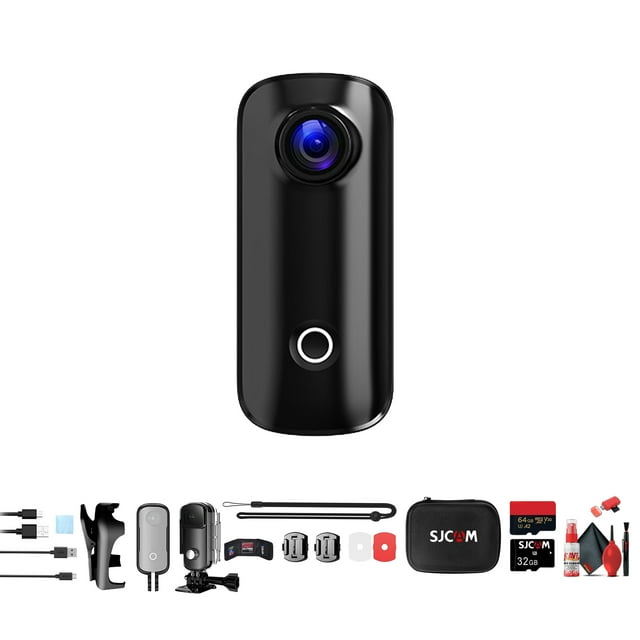 SJCAM C100 Plus Action Camera in Black with 4K 30 fps, EIS Stabilization and Audio Recording, Bundle Including: 64 GB Micro SD Card, Card Reader, Card Wallet, and Micro USB Cable
