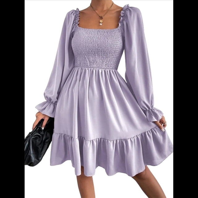 Vestido Mini de Fiesta Fluido con Escote Cuadrado, Larga, Volantes y Farol para Mujer Púrpura S