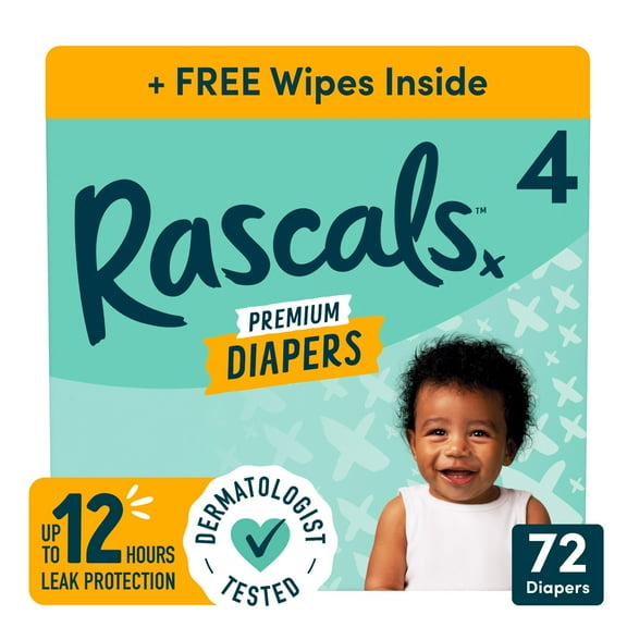 Rascals Premium Absorbent Baby Diapers Size 4, 72 Count