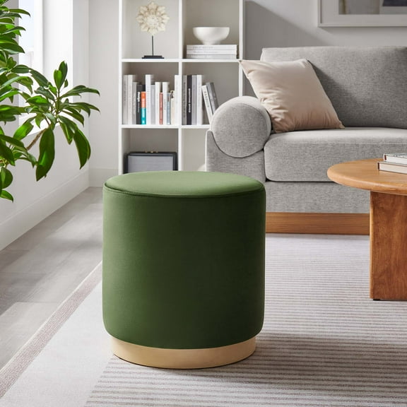 Tilden 16" Round Performance Velvet Upholstered Ottoman in Moss Green Natural