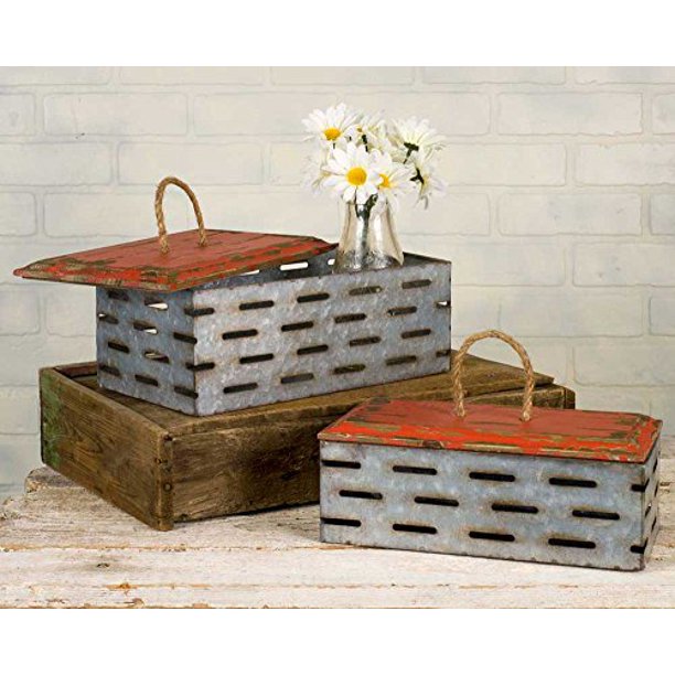 Metal Perforated Bins with Wood Lids and Rope Handles (set of 2