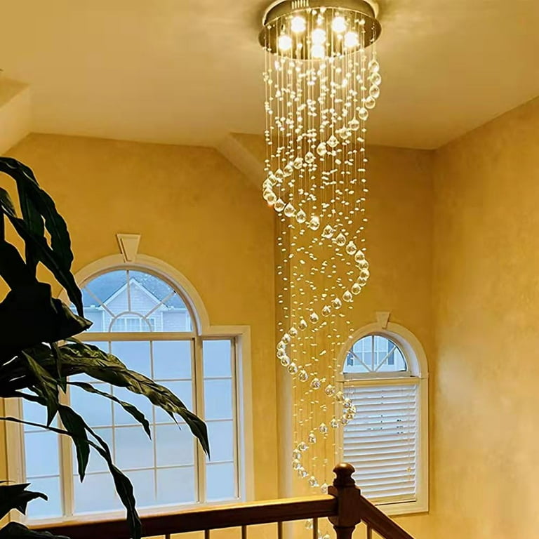 Modern Crystal Chandelier For High Ceilings - Round Long Foyer Entryway & Dining Room Lighting