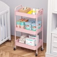 thumbnail image 2 of KK KINGRACK 3-Tier Rolling Cart, Metal Utility Cart with Wheels ,Office School Organizer, Pink, 2 of 6