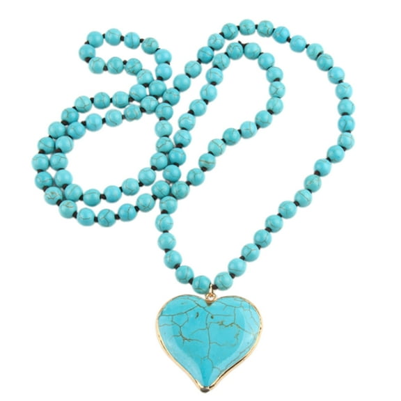 AOOOWER Women's Bohemian Turquoise Necklace with Heart Pendant Vintage Ethnic Style Neckchain Long Sweater Chain Accessory