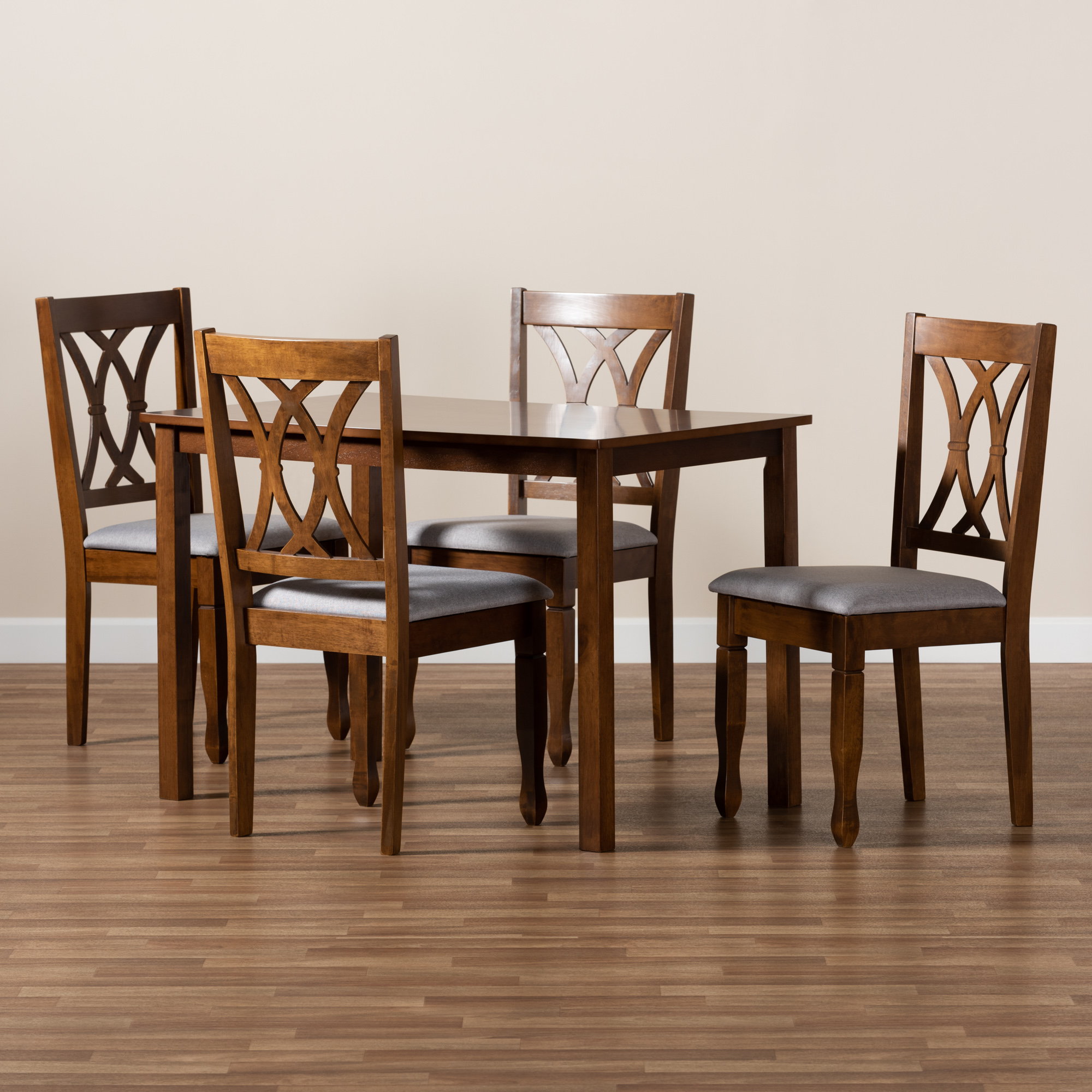 Baxton Studio Sefa Modern and Contemporary Grey Fabric Upholstered and Walnut Brown Finished Wood 5-Piece Dining Set