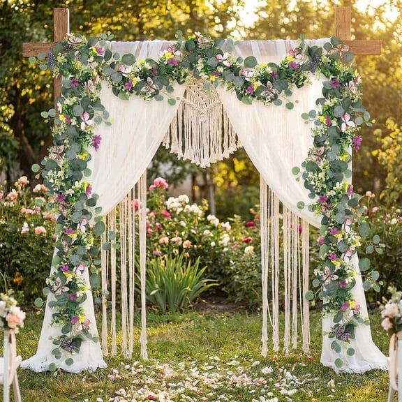 5.6FT Artificial Flower Garland with 7 White Roses, Silk Greenery and Gypsophila, Floral Garland for Wedding Party Table Runner, Home Décor and Centerpiece Decoration
