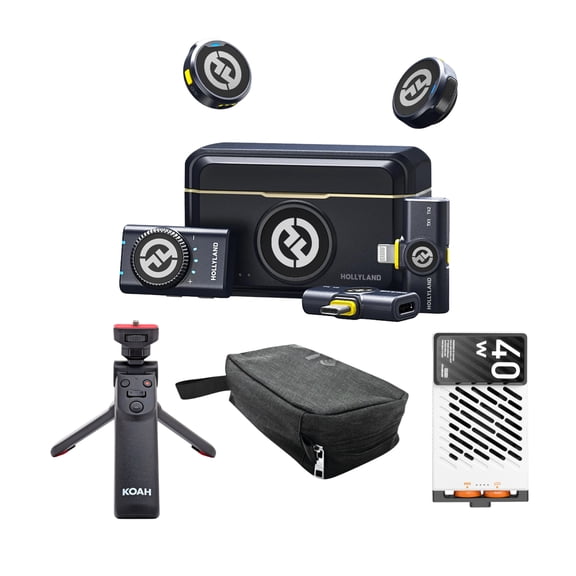Hollyland LARK M2 DUO Combo Wireless Microphone Vlogger's Bundle with Zhiyun Fiverey M40 Pocket LED Light, Koah Camera Grip Tripod & Maxell Travel Case