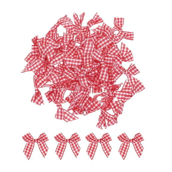 Uxcell 50Pcs Mini Gingham Ribbon Bow 1.5" Checkered Fabric Satin Ribbon Bows for Craft Red and White