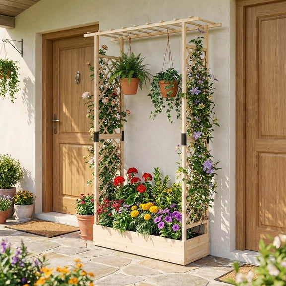 DRAZUNO 89” Wooden Raised Garden Bed w/Trellis & Hanging Roof, Drainage Holes for Patio