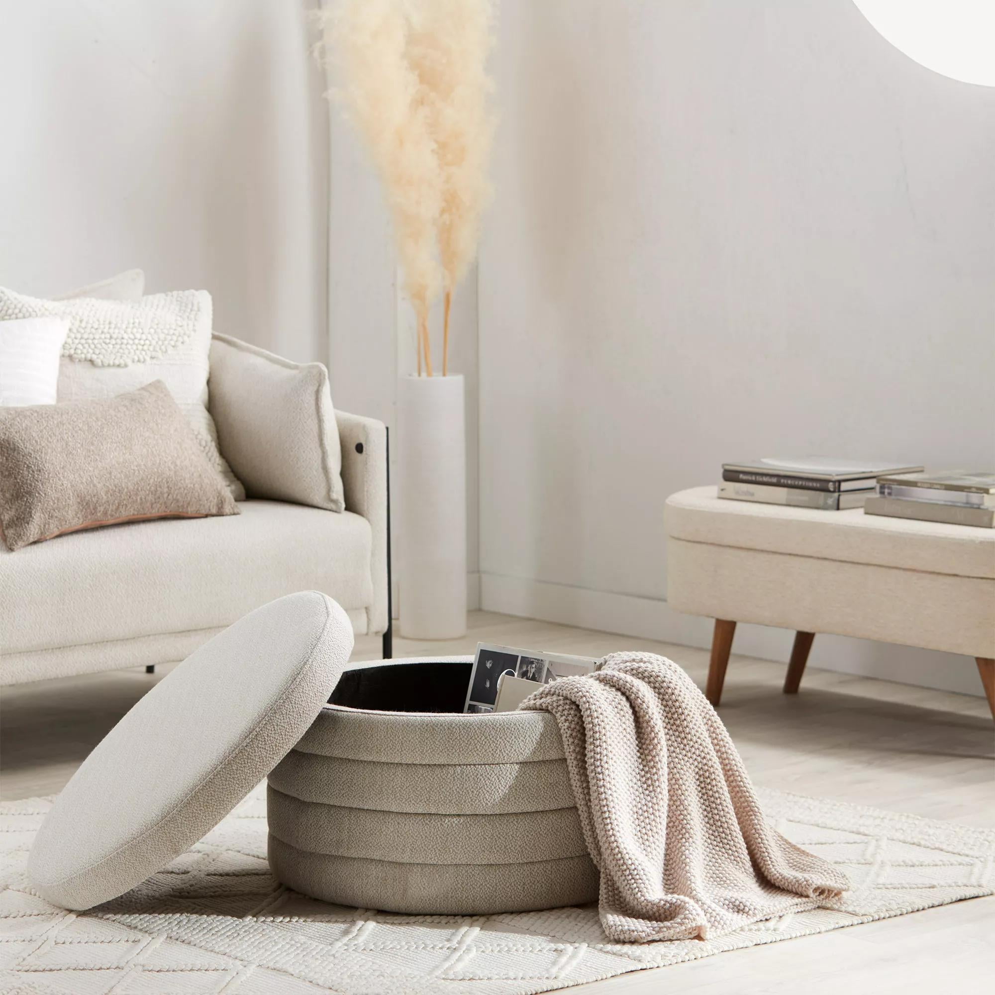 Bouclair Oatmeal Round Storage Fabric Ottoman Walmart