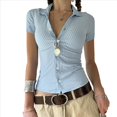thumbnail image 2 of Blusa de Corta Y2K para Mujer, con Botones y Rayas, Cuello en V, Estilo Vintage, Ajustada, para Salir Azul L, 2 of 10