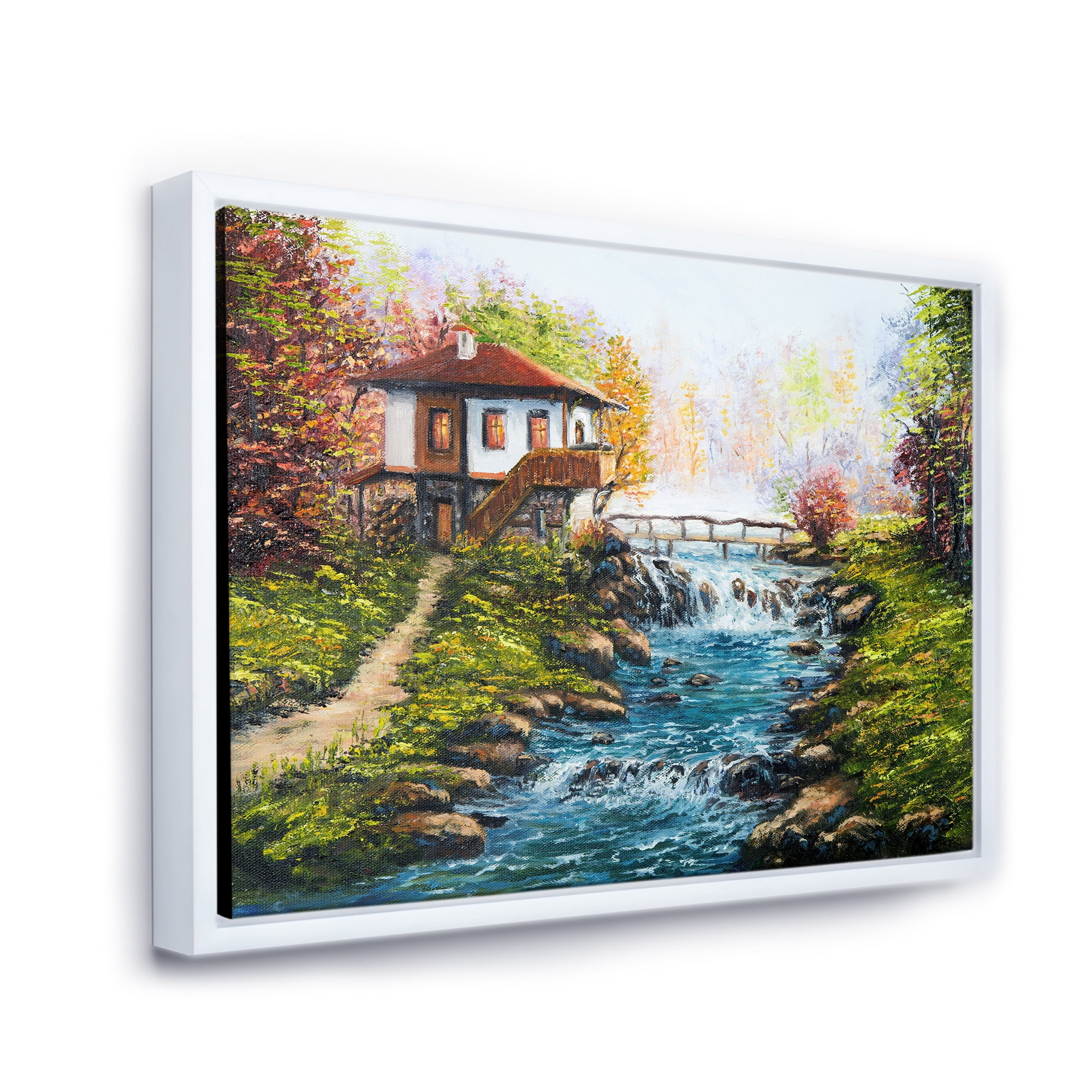 Designart 'Traditional Bulgarian River and House' Lake House Framed Canvas Wall Art Print