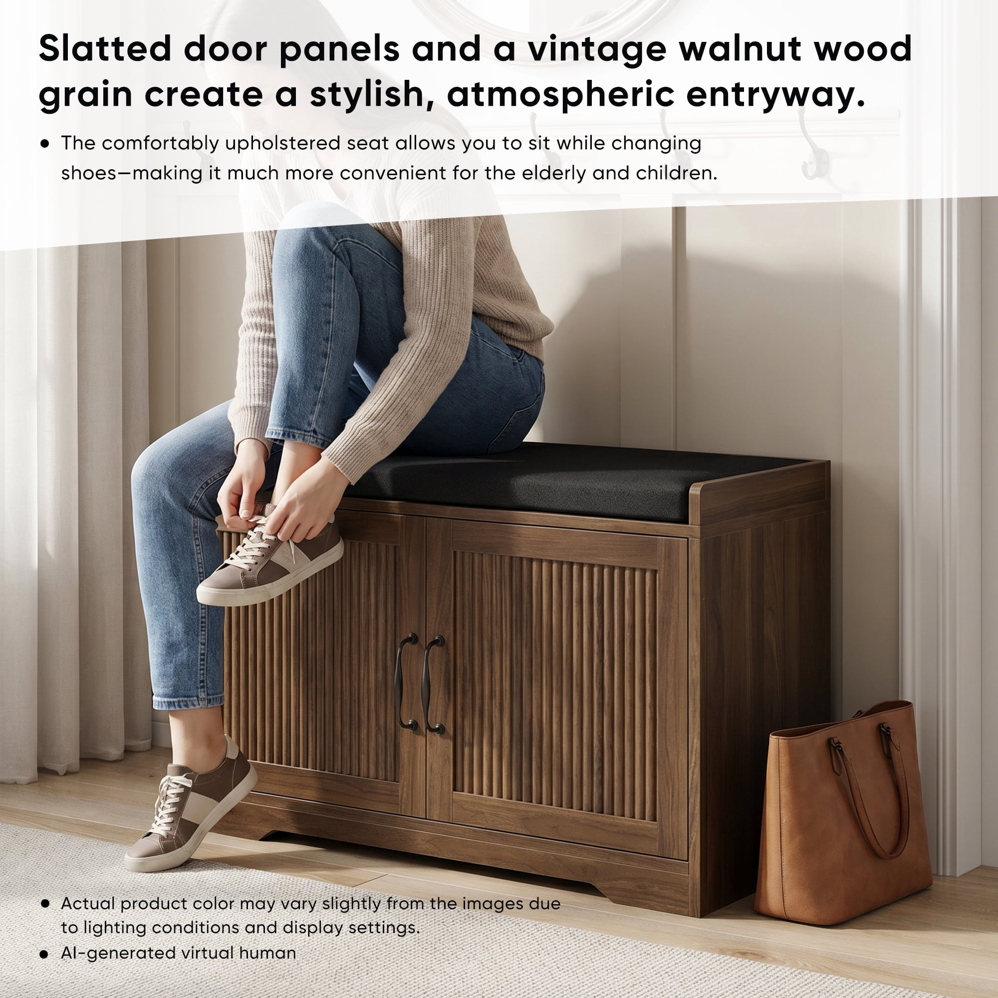 Leumius 31.5" Entryway Shoe Bench, Entryway Storage Bench with Double Doors and Comfortable Upholstery for Hallway and Entrance Areas Walnut