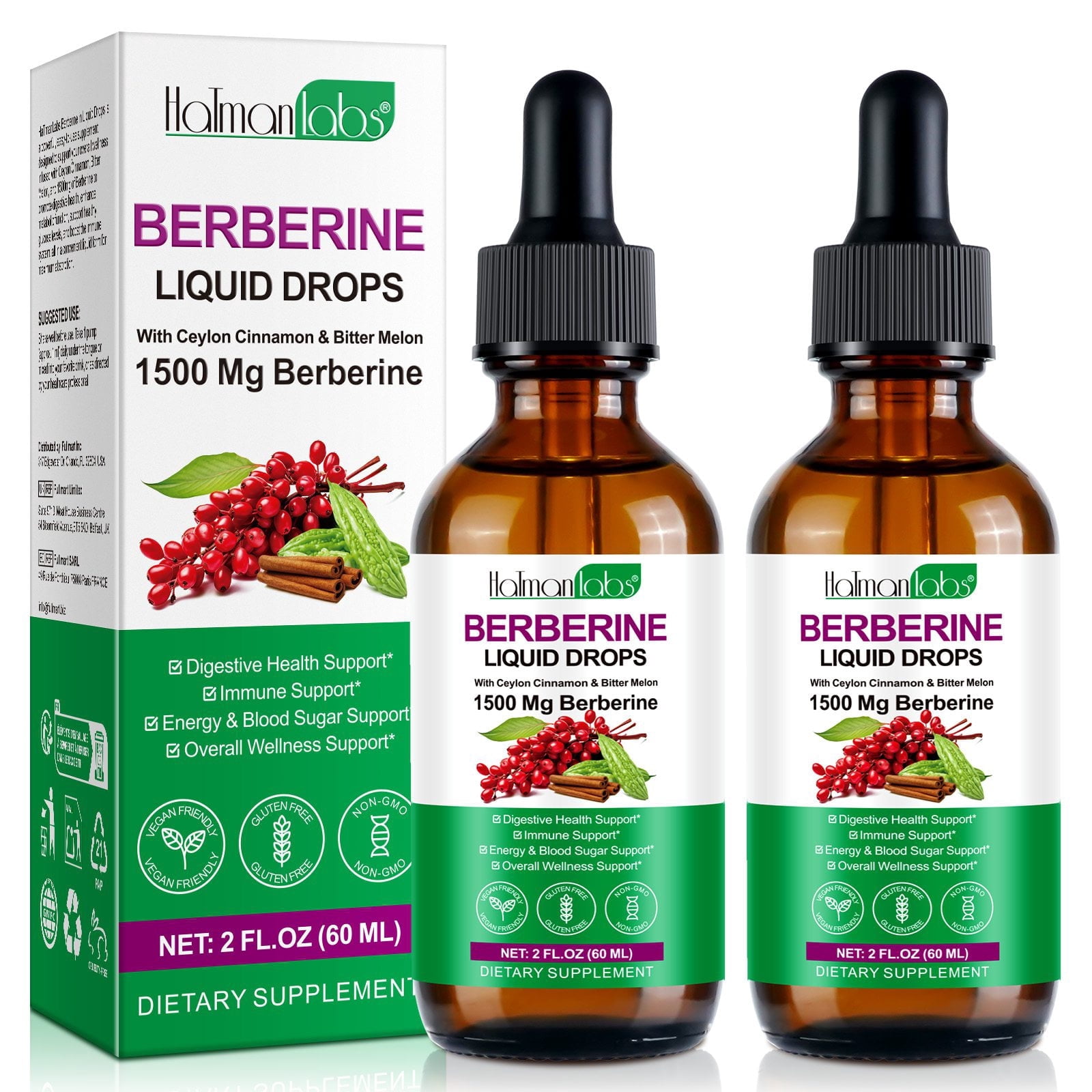 Berberine Liquid Drops 1500 mg with Ceylon Cinnamon, Bitter Melon & Botanical Blend, Supports Digestive Health & Overall Wellness, Vegan - 2PACK