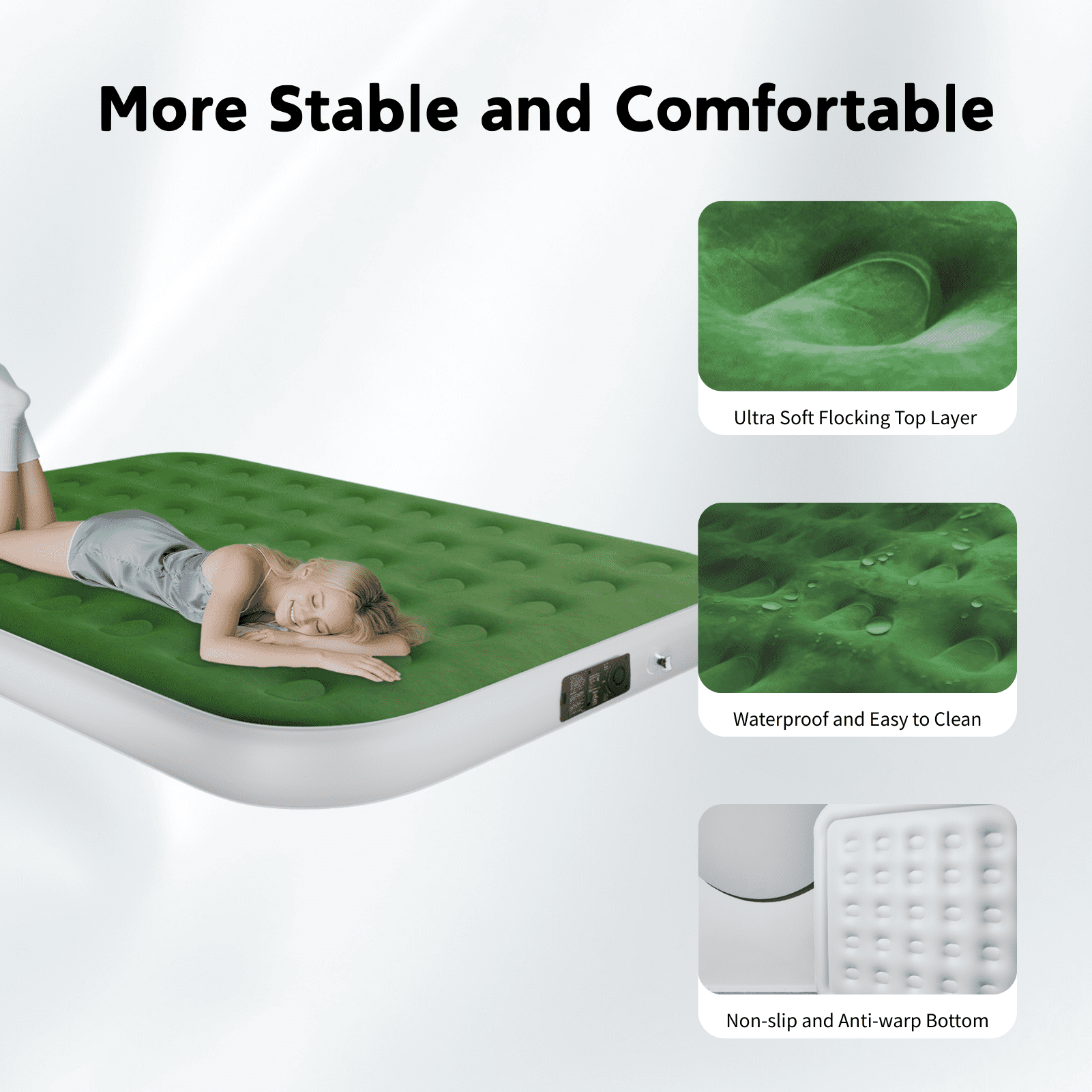 Queen 10" Top Flocking Air Mattress with Built-in Pump Raised Comfort,Fast Inflation/Deflation Foldable Portable Air Bed with Storage Bag for Home,Camping,Guests Green