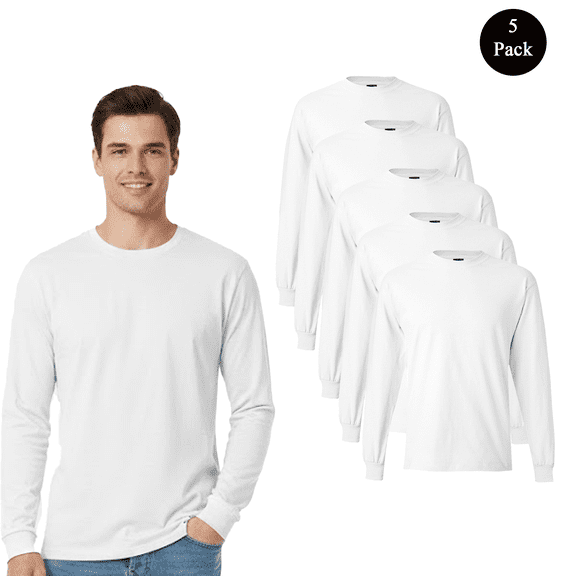 Hanes Mens Beefy-T Long Sleeve T-Shirt, Soft Durable Crew Neck Blank Printable White Tee, 5-Pack S