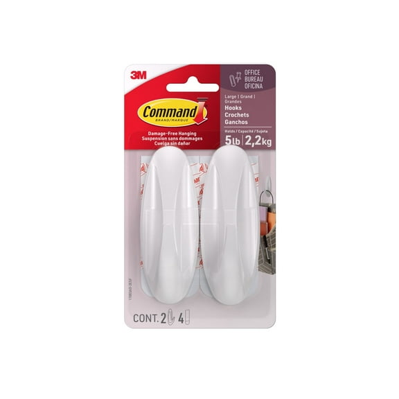Command Designer Hooks, Large, White, 2 Hooks, 4 Strips, Holds 5 Lbs