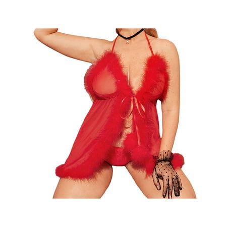 Women s Christmas Lingeries Dress Mesh Babydoll Dress Exotic Drawstring Bow Plush Ball Halter Sleepwears with Underwears 2 Pcs Set