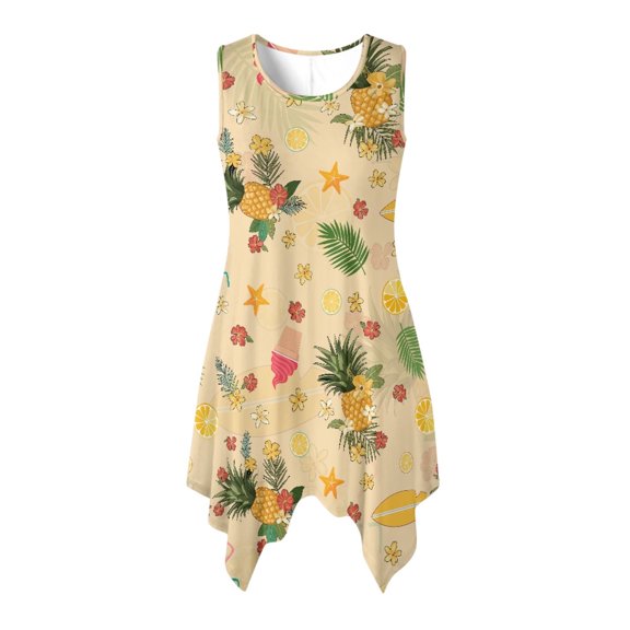 HELLHERO Side Pockets Summer Sleeveless Dress, Tropical Fruit Print Sleeveless Dresses Polyester Round Neck Sleeveless Sundress Irregular Hem