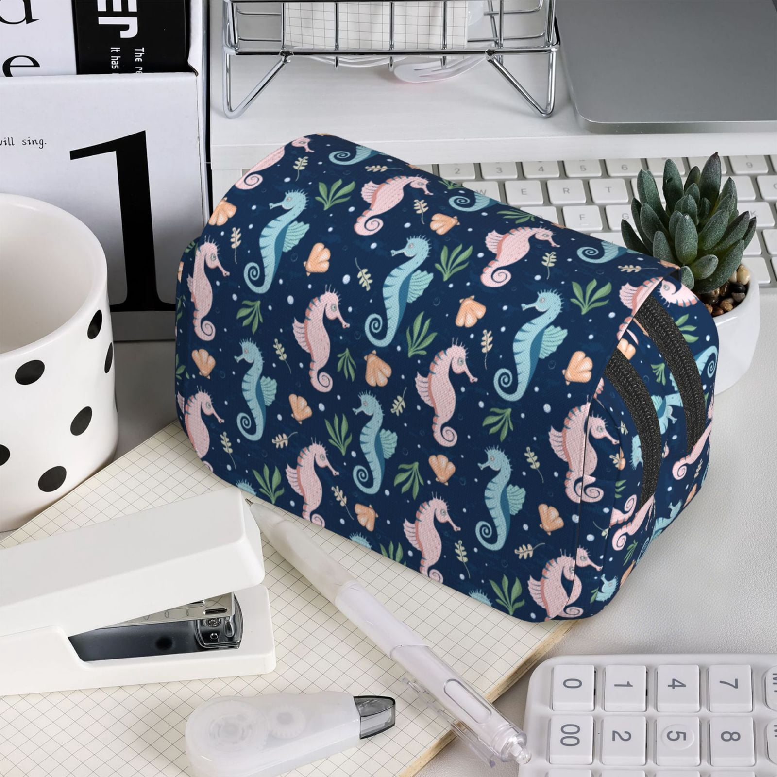 Rateoe Seahorses And Plants Pattern Double Clamshell Pen Case, Storage Organizer with Two Zipper Compartments– Holds Up to 50 Pencils & Pens