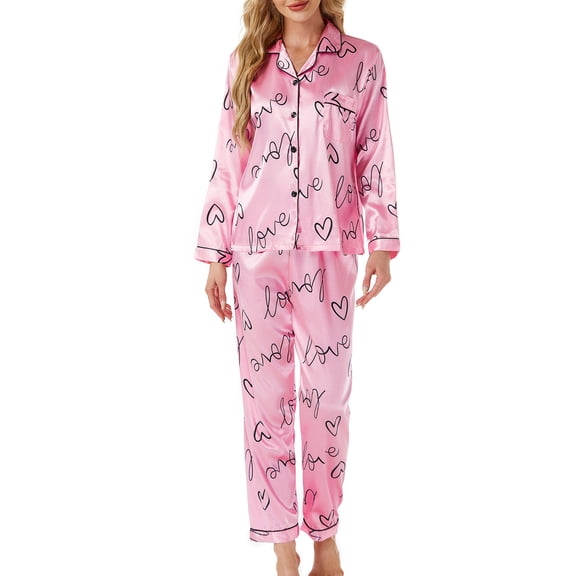 Bosfbaoi Women's Pajama Sets Silky Satin Cute Pjs 2 Piece Loungewear Soft Long Sleeve Button up Ladies Sleepwear S-XL