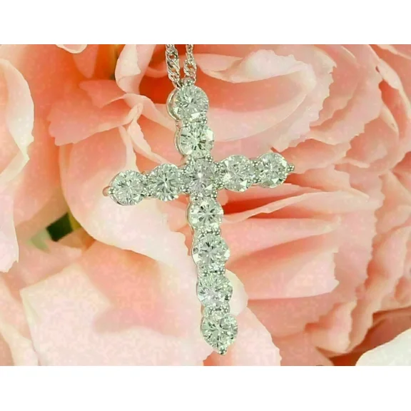 3 Ct Round Cut Lab Created Diamond 14K White Gold Plated Cross Pendant Necklace