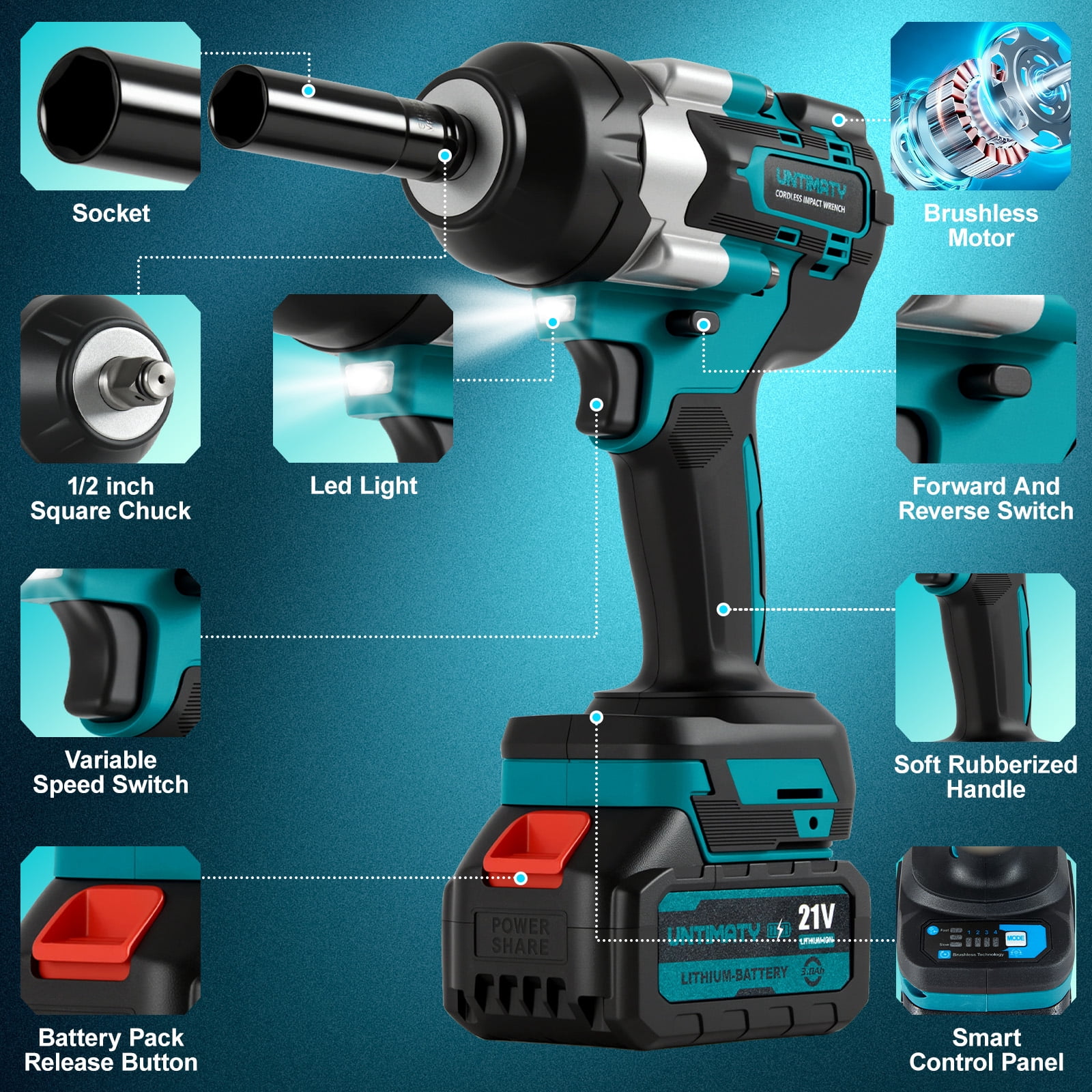 Cordless Impact Wrench, UNTIMATY 1/2 inch Brushless High Torque Impact Gun, Max Torque 590 Ft-lbs(800N.m),3300 RPM Impact Driver with 21V Brushless Motor,2x3.0Ah Li-ion Battery for Car Home Repair