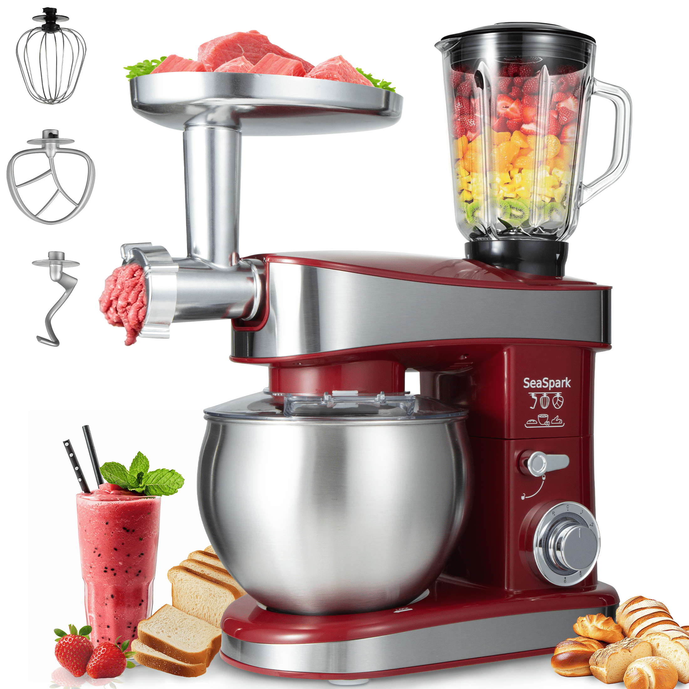 SeaSpark 6-in-1 Multifunctional Stand Mixer 6.3 QT 6-Speed Electric Kitchen Mixer with Bowl, Juicer & Meat Grinder, 400W Red