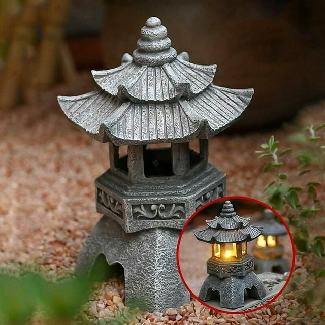 IndoorOutdoor Zen Asian Decor, Rust WeatherUV Resistant Japanese Style Garden Decor, LED Garden Light, SolarPanels Charge During Day Turn On Automatically at Night (Size: 26 X 14 X 14 Cm)