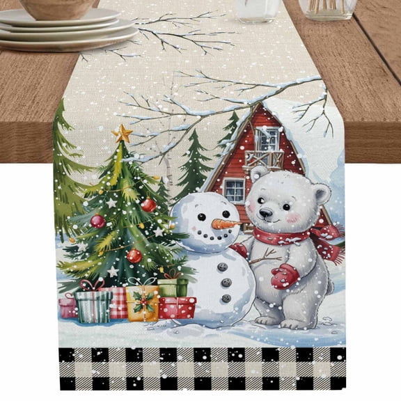 nqOlkjepod Beige Christmas Table Runner 36 Inches Long Farmhouse Dress Scarves, Xmas Tree Snowman Bear Snowfall Plaid Dining Tablerunner for Coffee Table/Kitchen Island/Party Décor, Small 13" x 36"