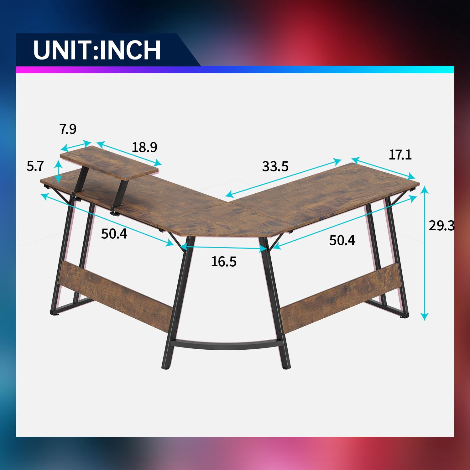 YRLLENSDAN L Shape Gaming Desk Table, 50 Inch Corner PC Gaming Desk with Monitor Stand, L-Shaped Computer Desk Table, Gamer Work Desk for Home Office, Brown