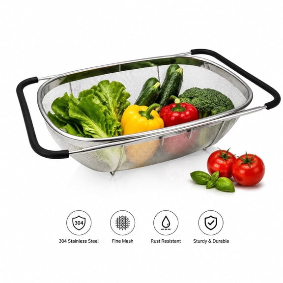 TrueLife 6-Quart Collapsible Colander – Fine Mesh Rectangular Sieve with Expandable Handles, Space-Saving Strainer for Pasta Vegetables Fruits