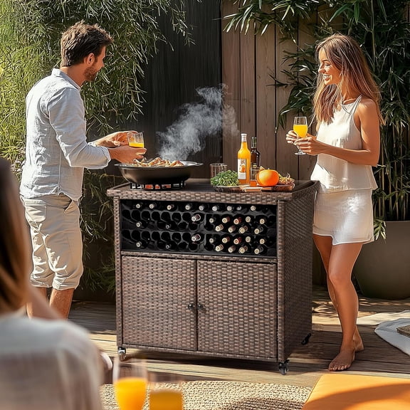 Wicker Outdoor Bar Cart with Storage & Rolling Wheels,  Bar Table w/Shelf, Outdoor Storage Cabinet Buffet Cabinet Grill Cart for BBQ Pool  Kitchen, Brown
