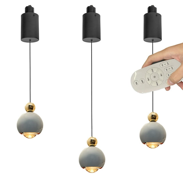 FSLiving Lumière de Rail Réglable en Hauteur, Lumière de Rail Rétractable de Type J avec Télécommande et Lampe Globe à Gradation Continue pour Îlot de Cuisine Intérieur, Gris - Ensemble de 3