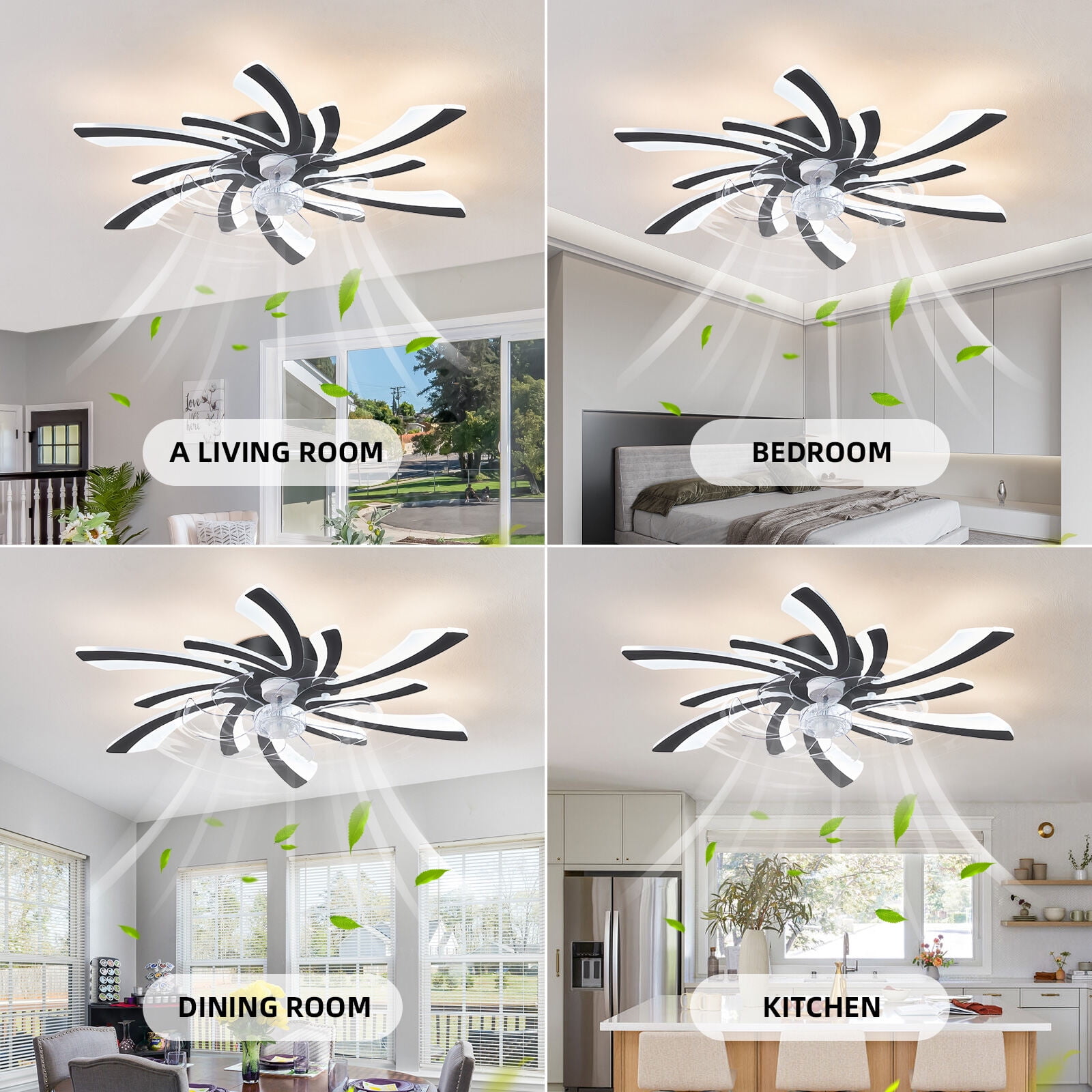 30.7" Black Ceiling Fan with Light, Remote Control 3-Color Temperature & 6-Speed Flush Mount Fan (30.7"L x 30.7"W x 5.9"H)