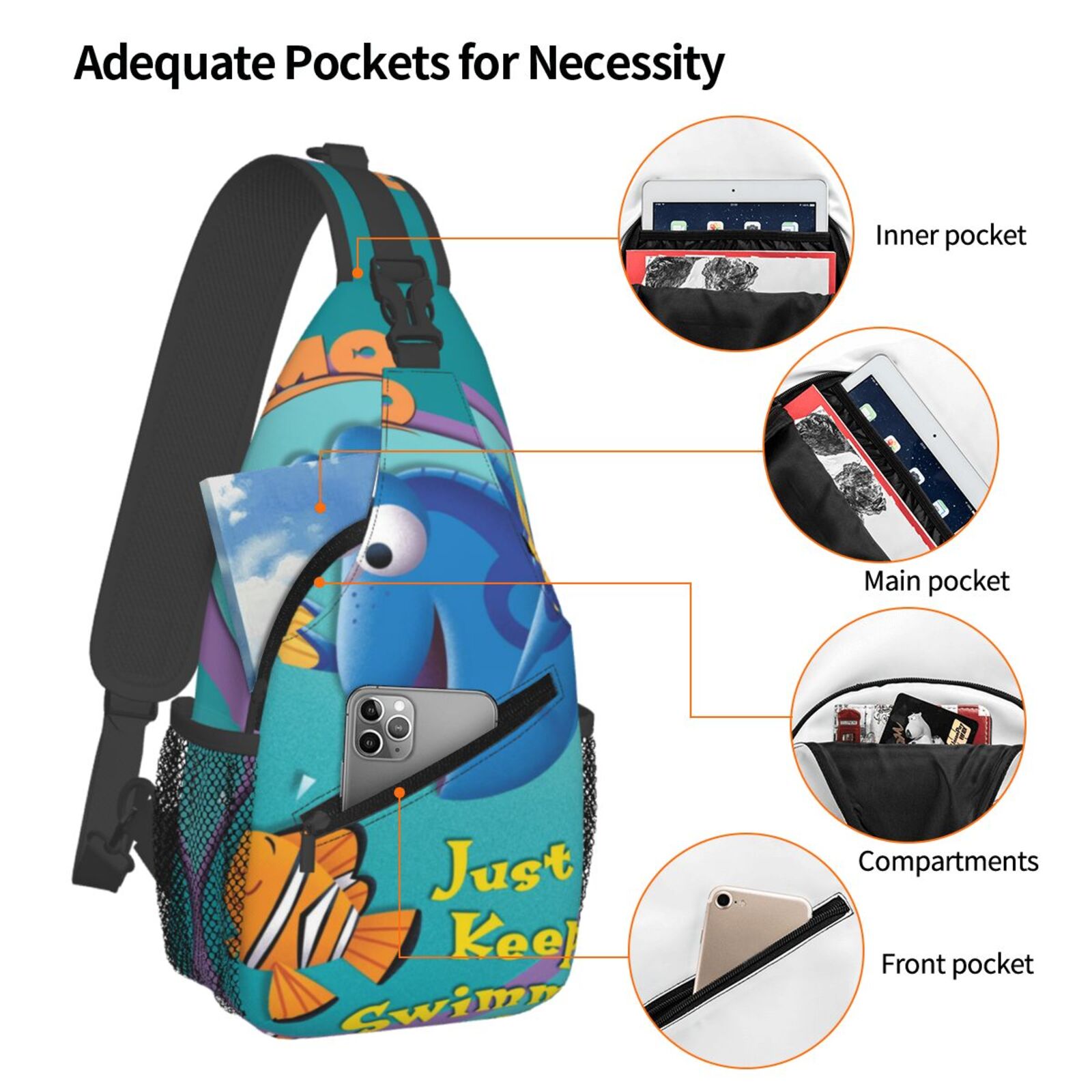 Finding Nemo Casual Sling Bag for Women Men Travel Crossbody Sling Backpack Small Chest Shoulder Bag Gym Sports Hiking Daypack 7.5 x 3.5 x 15.3 inch