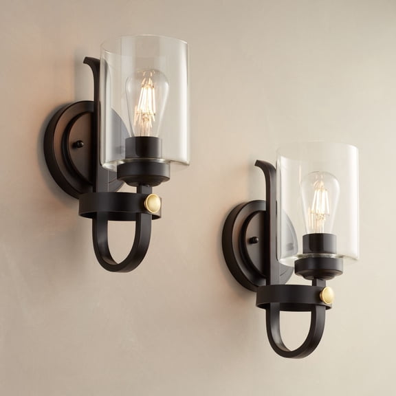 Franklin Iron Works Eagleton Farmhouse Rustic Wall Light Sconces Set of 2 Oil Rubbed Bronze Hardwire 5 1/2" LED Fixture for Vanity