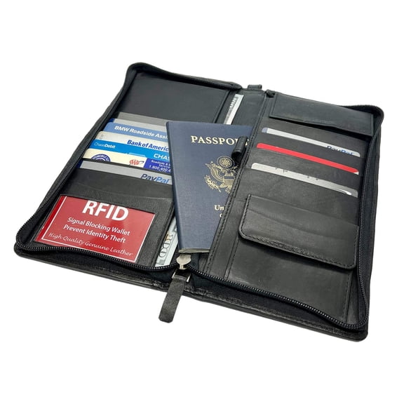 RFID Blocking Leather Travel Wallet Passport Air Ticket Organizer Checkbook ID Holder Zip Around