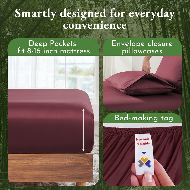 California Design Den 4-Piece Queen Bamboo Sheets - Burgundy, Cooling & Silky, 16" Deep Pocket Fitted