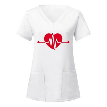 

Youmylove Women Scrubs Tops Short Sleeve V-Neck Heart Printed Top Working Uniform With Pockets