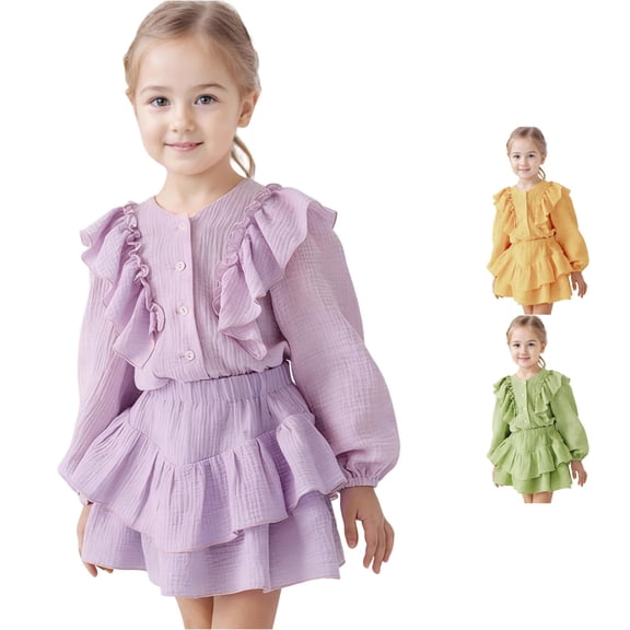 FYDUU Girls Clothes 2 Piece Set Ruffle Long Sleeve Button Down Shirts Top Skirt Set Kids Girl Fashion Back To School Outfits 5-6 Years