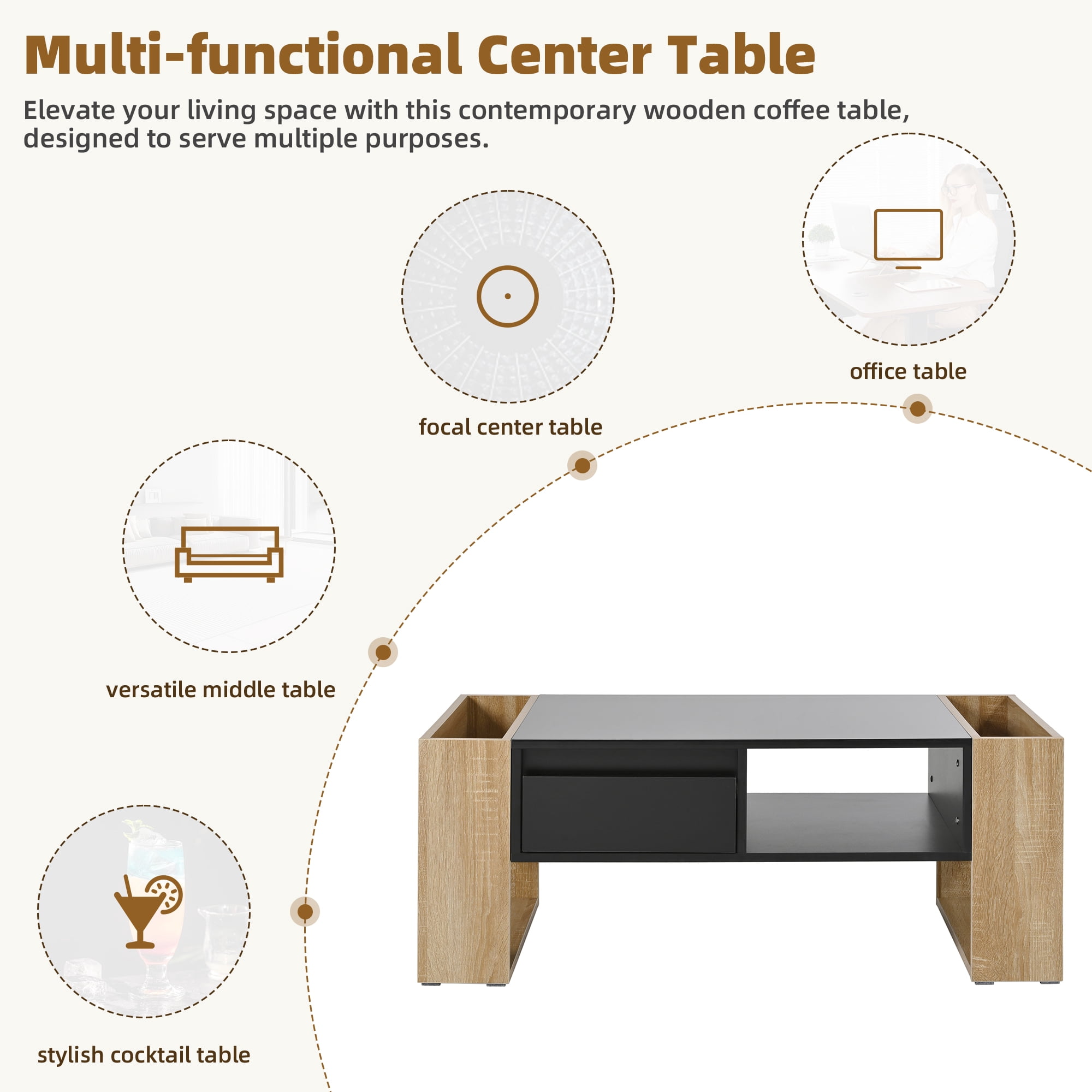 Euroco High Glossy Coffee Table with 2 Drawers, Practical Two Tone Center Table with Hidden Compartments, Rectangle Cocktail Table with Open Storage Shelf for Living Room, Bedroom