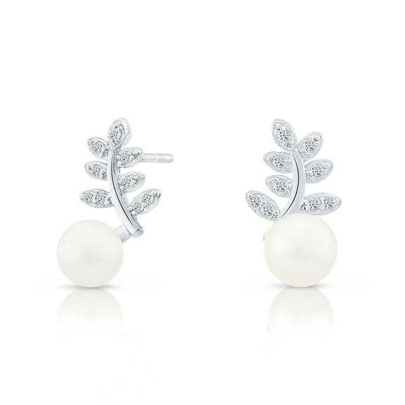 Tilo Jewelry 925 Sterling Silver Pearl Floral Stud Earrings with Cubic Zirconia CZ Stones for Women & Unisex