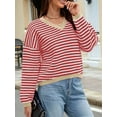 thumbnail image 2 of Women'S Long Sleeve Striped Sweater V Neck Color Block Soft Knit Pullover Trendy Jumper Tops Red & White  L, 2 of 6