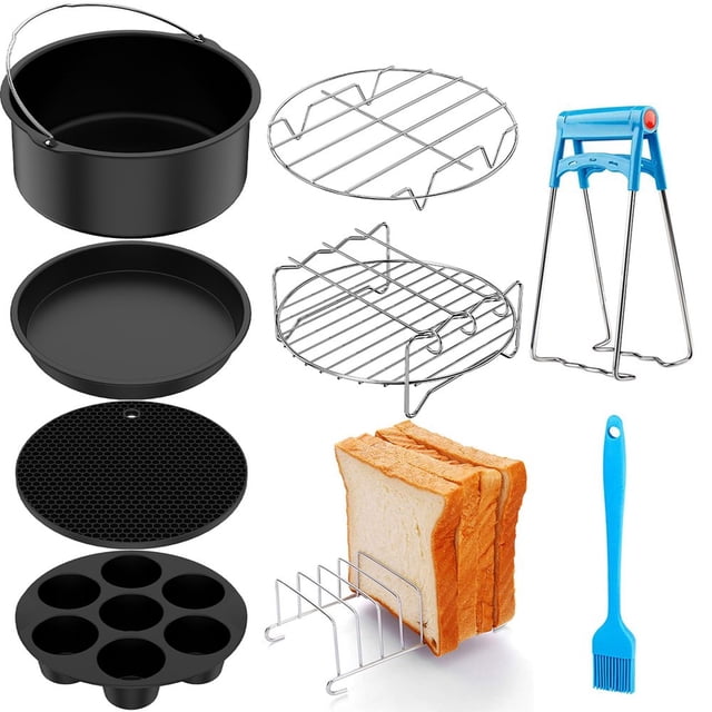 9Pcs Air Fryer Accessories Set Food-grade Air Fryer Accessories with Cake Basket Pizza Pan Stainless Steel Skewer Rack Oil Brush Suitable for 3.7/5.9 QT Air Fryer