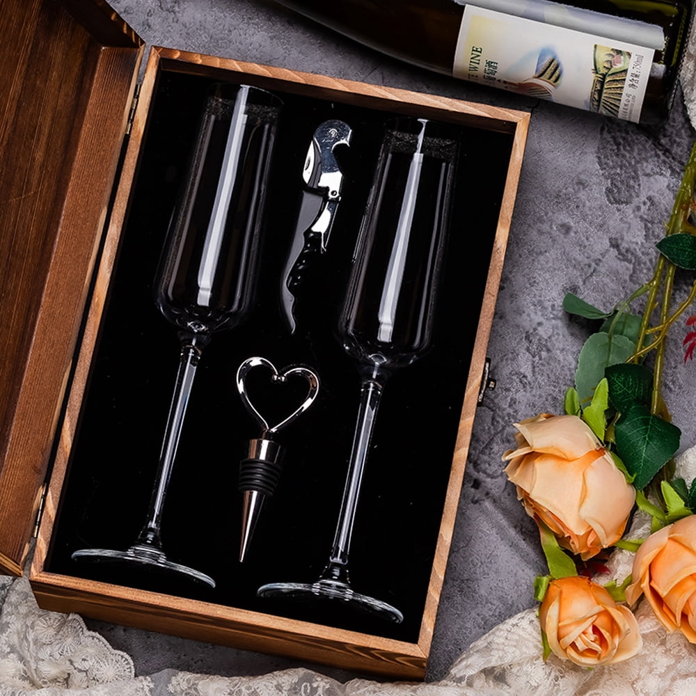 Champagne Flutes Gift Set of 2 with Rustic Wooden Keepsake Box - 8oz Crystal Toasting Glasses, Heart-Shaped Stopper & Corkscrew - Luxury Wedding, Anniversary & Engagement Gifts for Couples